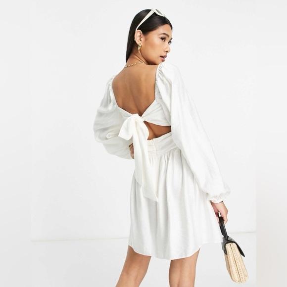 Topshop Twist Cut Out Mini Tea Dress in Ivory with Long Balloon Sleeves Size M - Picture 2 of 10